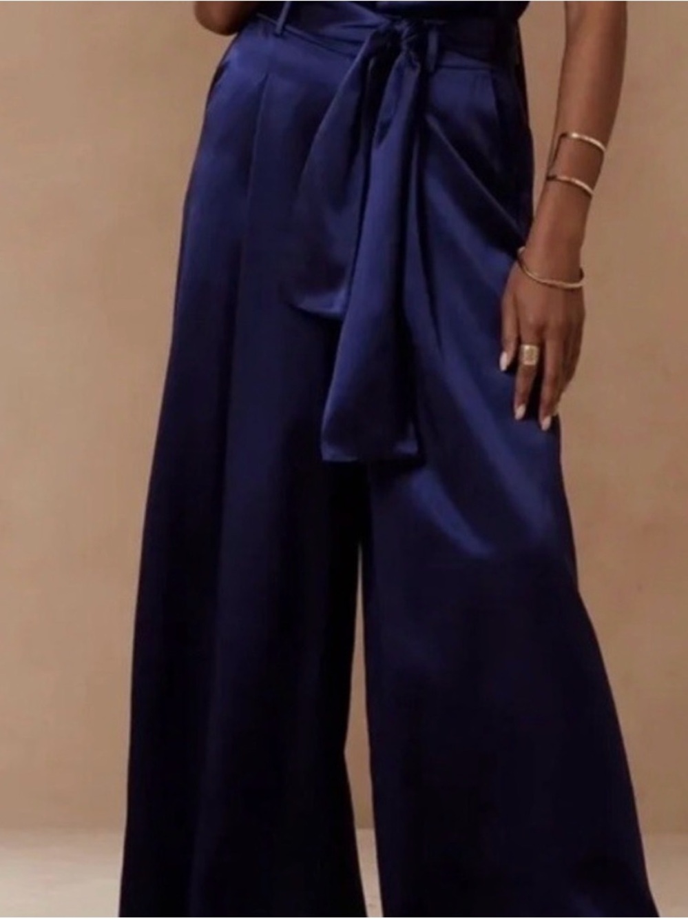 Wide-Leg Satin Pants with Tie Waist - Navy